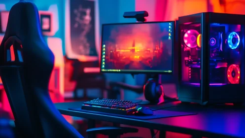 RGB-lit gaming PC setup glows in a sleek modern studio