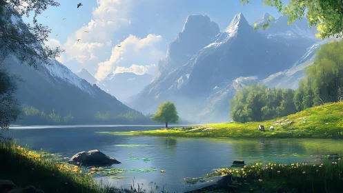 Glacial valley lake with luminous meadow and isolated tree focus.