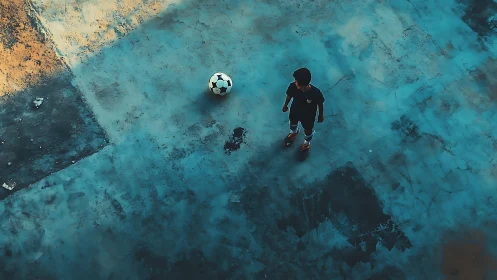 Solitary boy and football on worn blue concrete court.