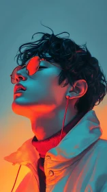 Neon-lit portrait of youth in reflective orange sunglasses.