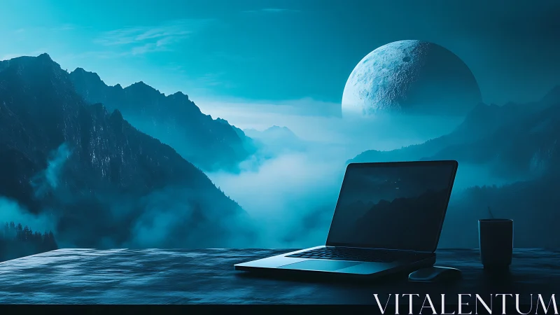 Ultrawide laptop workspace facing fogged mountains and moon