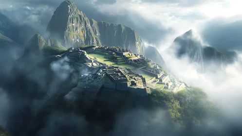 Misty mountain citadel rests gently above the emerald valley