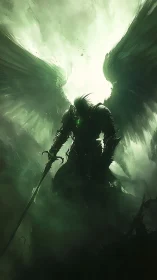 Shadowforged angel carves emerald fire through the gloom