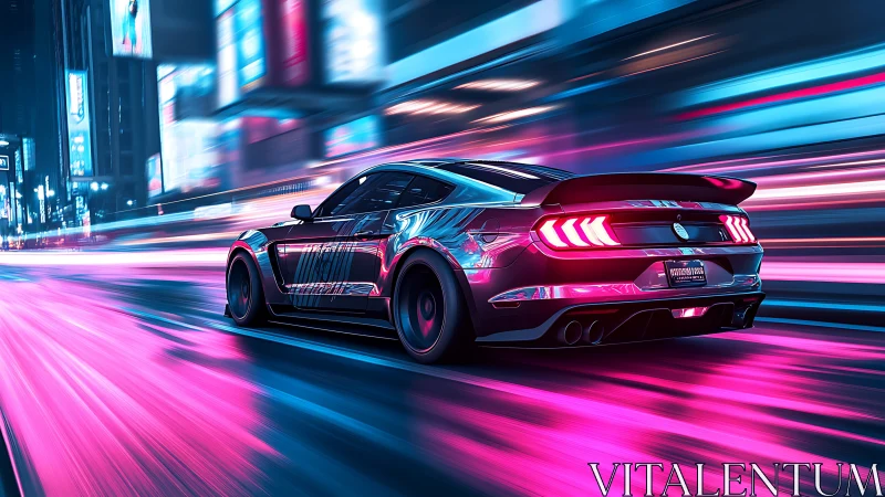 Neon muscle car racing through futuristic city streets.