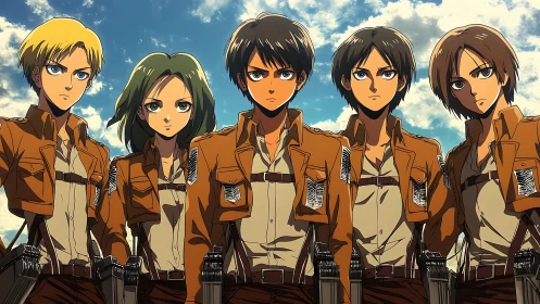 Five uniformed anime soldiers stand aligned under daylight sky