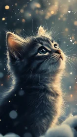 Ethereal Cat Gazes Upward Through Falling Snow and Light