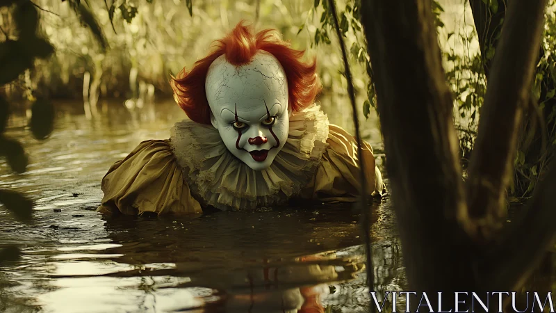 Clown figure with white mask emerges from shallow woodland water