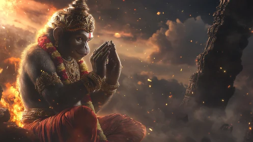 Serene monkey deity glowing softly amid swirling embers.