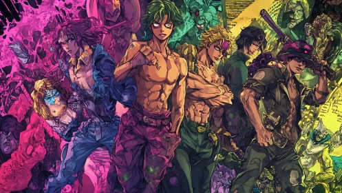 Bold anime heroes stand united in a neon-soaked showdown.