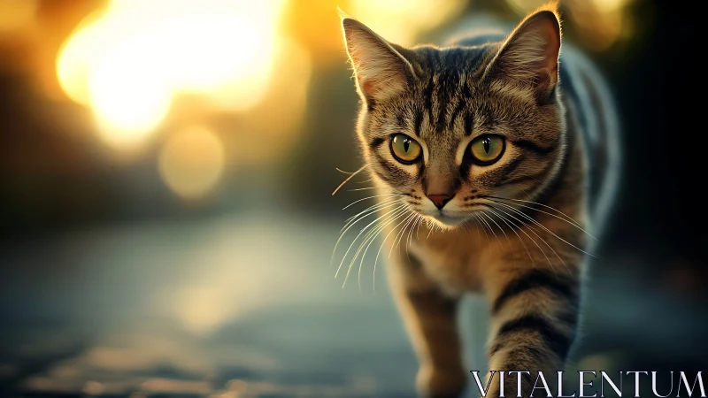 Tabby Cat with Yellow Eyes Against Blurred Outdoor Background