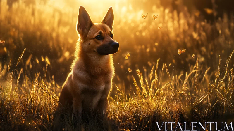 Young dog watches butterflies glow in warm sunset field