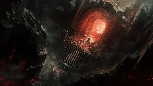 Infernal ruins corridor glows with volcanic red gateway.