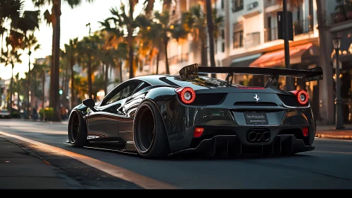 Low-slung Ferrari supercar cruising sunlit city boulevard.