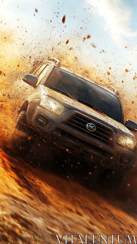 Mud-slinging off-road beast charges through blazing dirt storm.