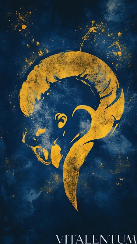 Golden ram silhouette swirling through deep midnight blues.