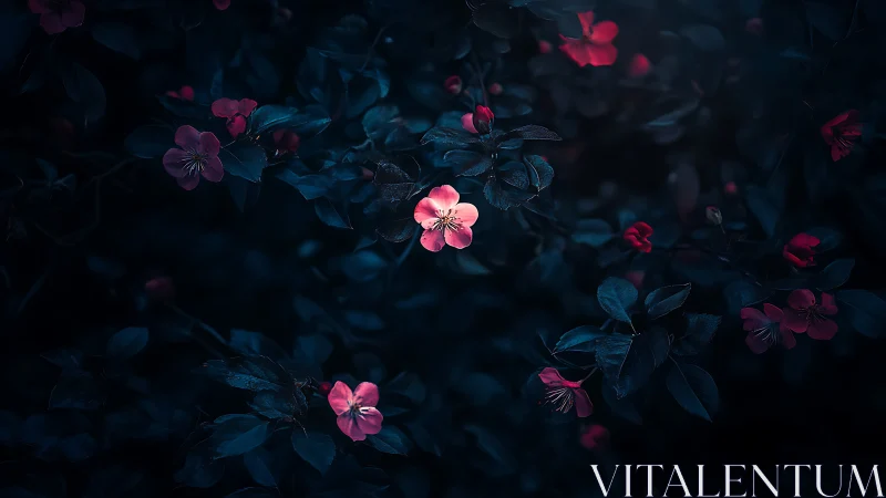 Pink Flowers Glowing Against Dark Teal Foliage