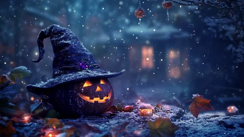 Snow-dusted Jack-o-lantern in twilight garden glows warmly