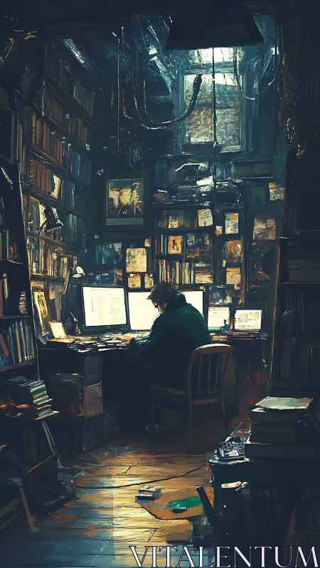 Solitary programmer analyzes code in cluttered, book-lined loft workspace