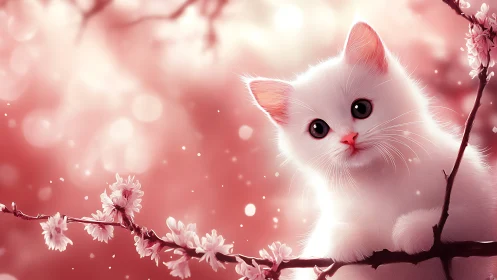 White kitten among cherry blossoms in soft pink haze.