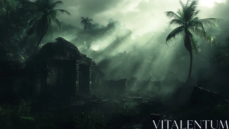 Sunbeams pierce mist over forgotten jungle temple ruins