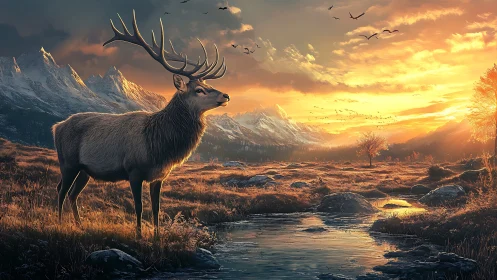Digital painting of stag in alpine valley at golden hour sunlight.