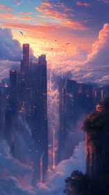 Futuristic vertical city rises through dense glowing clouds