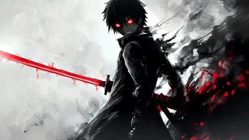 Anime antihero with bloodlit katana in monochrome storm field.