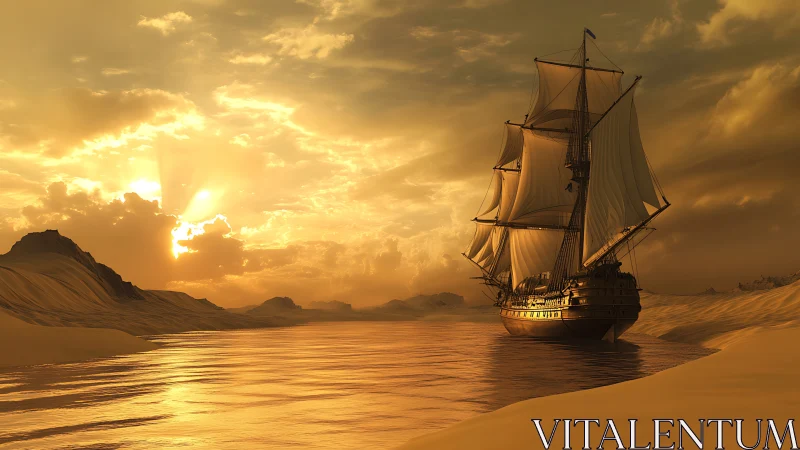 Sailing ship crossing calm golden waters at sunset.