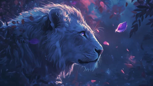 Moonlit lion trades silent wishes with drifting violet petals
