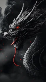 Monochrome serpentine dragon with red eyes and tongue.