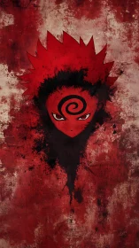 Stylized red anime face on textured distressed backdrop.