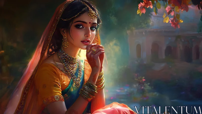 Digital portrait of woman in traditional Indian attire.