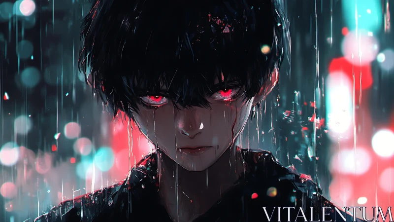 Rain-soaked anime antihero glares with glowing crimson eyes