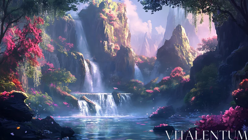 Enchanting tiered waterfall cascades through a glowing fantasy vale