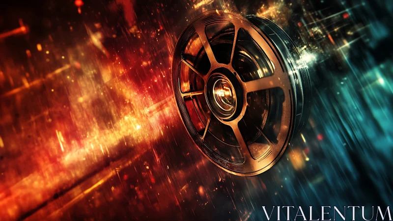 Cinematic film reel spins through fiery, neon light trails.