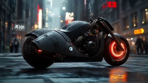 Futuristic motorcycle on wet city street at night scene.