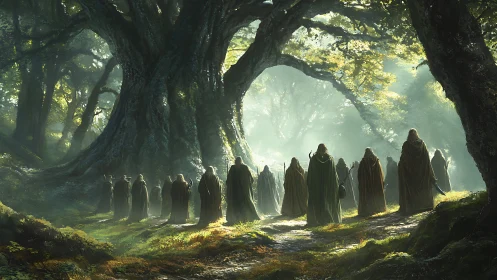 Cloaked figures converge beneath colossal forest elder tree in fog