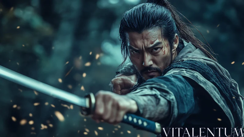 Samurai warrior poised with katana in tense forest standoff.