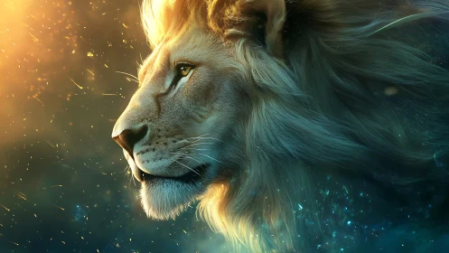 Majestic lion profile glows against ethereal cosmic embers