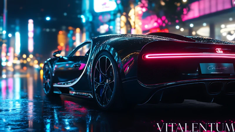 Sleek supercar glides through neon city streets at night