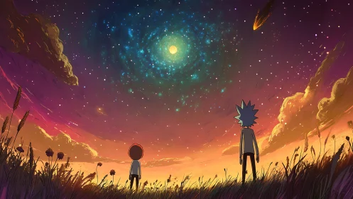 Animated duo observe spiral galaxy in radiant multicolor sunset sky