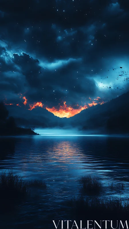 Dramatic Sunset Over Quiet Waters and Starlit Sky.