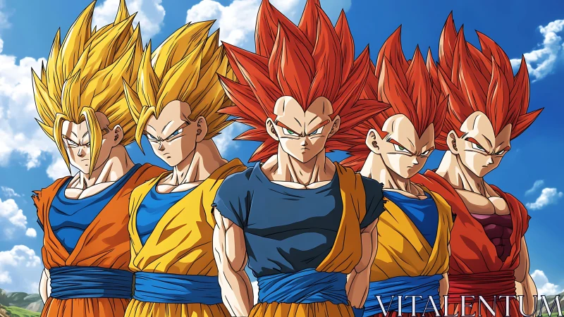 Five powerful anime warriors stand united under blue skies