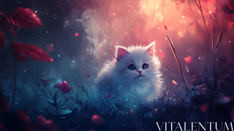 White Feline Specimen Positioned Amidst Chromatic Floral Environment.