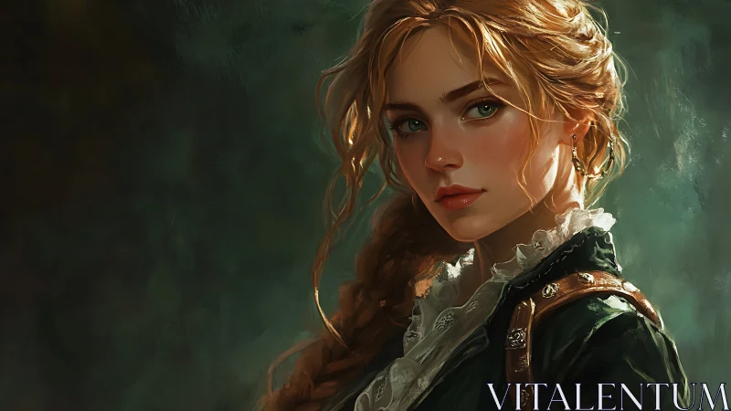 Warm-eyed adventurer in soft painterly forest light.