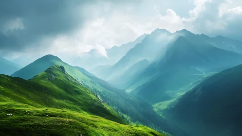 Layered alpine ridges with volumetric fog and dynamic skylight