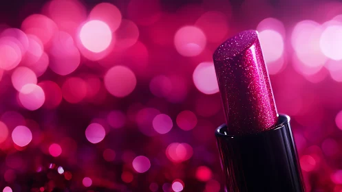 Sparkling pink lipstick glowing in romantic bokeh light.