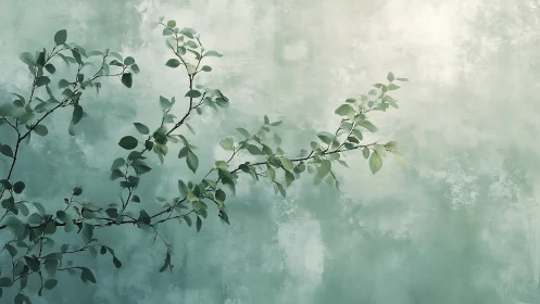 Tranquil botanical branch on misty green textured background.