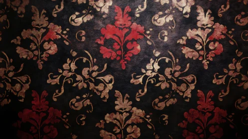 Velvet shadows and scarlet damask dreams on aged midnight walls.
