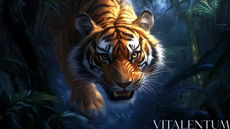 Stalking tiger strides through moonlit jungle with fierce focus